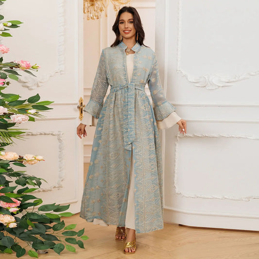Layla Embroidery Open Abaya 2 Piece Set Gulf Flare Sleeve Outfits